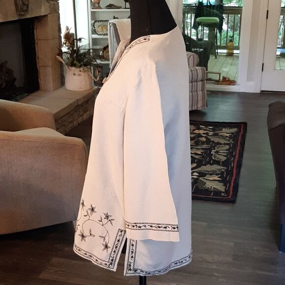 Dressbarn Silk/Linen Tan with Black Embroidery Button Down - Picture 4 of 7